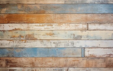 Texture of vintage wood boards with cracked paint of light blue, beige, brown and white color. Retro background with old wooden planks of different colors.