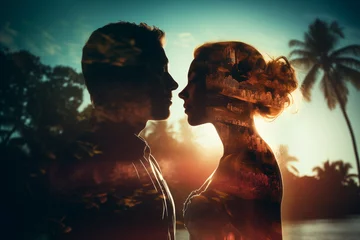 Muurstickers double exposure, couple man and woman opposite each other against the backdrop of a tropical island © kazakova0684