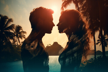 double exposure, couple man and woman opposite each other against the backdrop of a tropical island - obrazy, fototapety, plakaty
