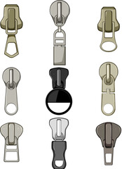zipper puller set cartoon. accessories bag, fashion fasteners, line textile zipper puller sign. isolated symbol vector illustration © PikePicture