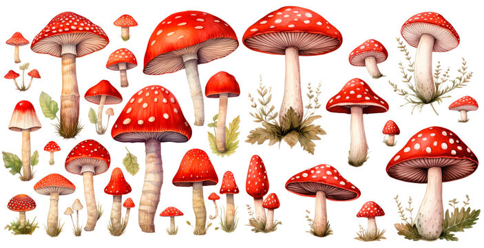 Set of Mushroom fly agarics and leaves watercolor, isolated on transparent background