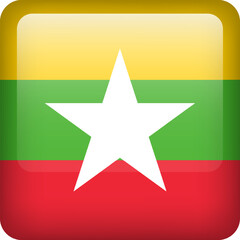 Fototapeta premium 3d vector Myanmar flag glossy button. Myanmar national emblem. Square icon with flag of Myanmar