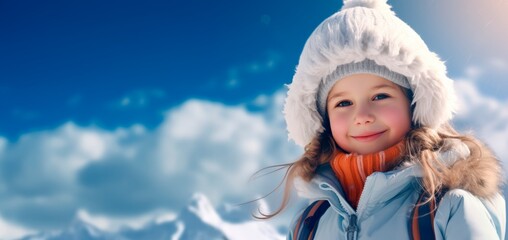 Fototapeta premium a girl wearing ski gear on a snowy mountain, copy space for text, banner background, sport winter adventure concept