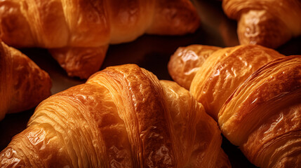 Close up shot od freshly baked croissants with a golden, buttery crust food photography - obrazy, fototapety, plakaty