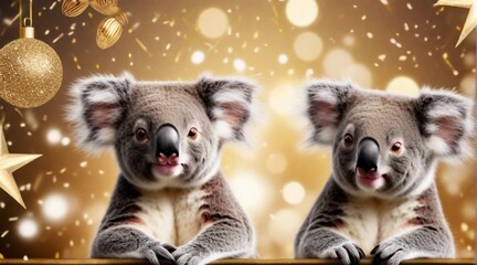 Cute koalas posing against New Year's eve ambience background with space for text, background image, AI generated