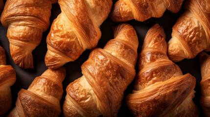 Close up shot od freshly baked croissants with a golden, buttery crust food photography - obrazy, fototapety, plakaty