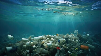 Naklejka na ściany i meble A lot of plastic debris in the ocean water