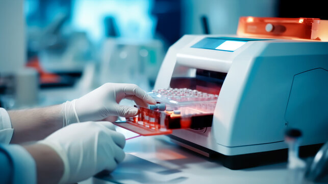 hand of researcher working with microplate for elisa analysis in machine. Doctor working with panel microplate for analysis and diagnostic in the laboratory. 