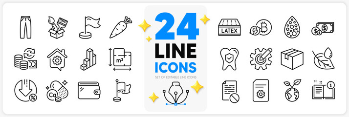 Icons set of Manual, Pants and Save planet line icons pack for app with Parcel, 3d chart, Leaf dew thin outline icon. Loan percent, Refresh bitcoin, Milestone pictogram. Design with 3d stars. Vector © blankstock