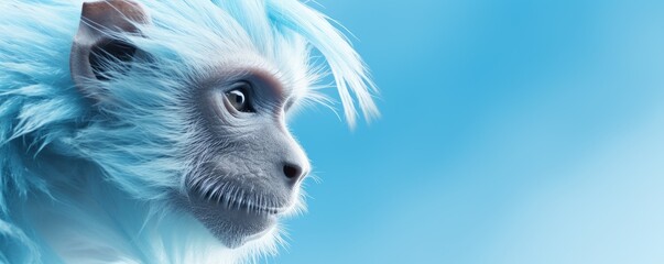 Stylised portrait of a snow monkey in winter. Lovely animals in severe weather conditions. Wide banner with copy space. AI generated digital design. 
