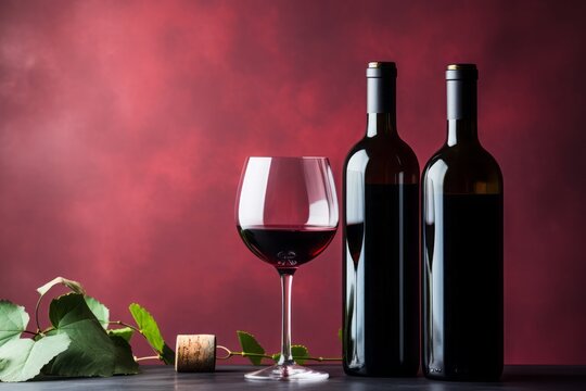 Glass with red wine and two bottles of wine. Leaves on table. Red background.