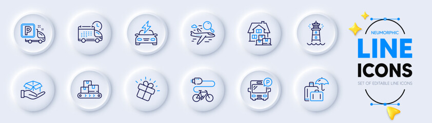 Car charging, Wholesale goods and Truck parking line icons for web app. Pack of Electric bike, Home moving, Search flight pictogram icons. Lighthouse, Gift, Luggage insurance signs. Vector