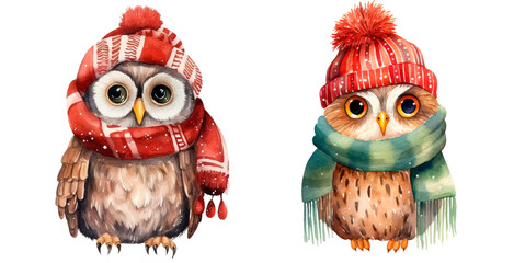 Fototapeta premium Set of watercolor illustration of a Christmas owl wearing a knitted scarf and hat, isolated on transparent background