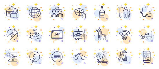 Outline set of Couple love, Software and Hold box line icons for web app. Include 5g wifi, Dollar exchange, Cloud upload pictogram icons. Luggage belt, Seo adblock, Report signs. Message. Vector