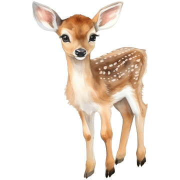 Watercolor illustration with cute baby deer , isolated on transparent background