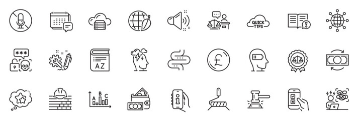 Icons pack as Pound money, Quick tips and Court judge line icons for app include Survey results, Justice scales, Facts outline thin icon web set. Engineering, Difficult stress. Vector