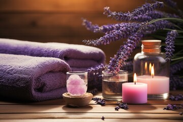 Obraz na płótnie Canvas A spa arrangement featuring towels, candles, lavender sprigs, oil bottle on wooden background, reflecting water, wellness, and spa. Generative AI