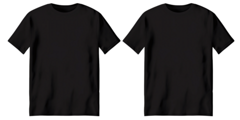 Black T-shirts front view mockup isolated on transparent background cutout PNG