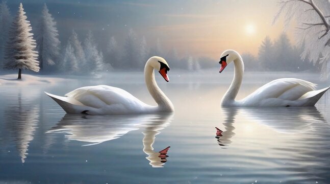 White swans on the water posing against christmas eve ambience background with space for text, background image, AI generated