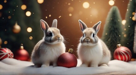 Fototapeta na wymiar Cute baby bunnies posing against christmas ambience background with space for text, background image, AI generated