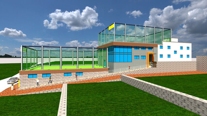 football stadium with sky and white clouds