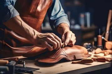a male shoemaker is working with leather textiles - obrazy, fototapety, plakaty