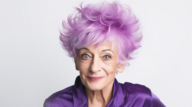 Beautiful elderly woman with purple hair on white background