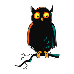 Spooky owl sits on a tree branch. Halloween vector illustration isolated. A frightened bird has big eyes. Dark bird under the moonlight. Cartoon style.