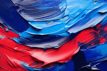 立体的な抽象油絵背景バナー）厚塗りされたつやのある赤とウルトラマリンブルー