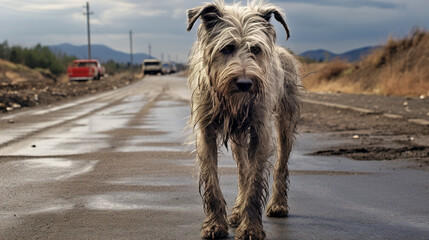 Lost dirty sad dog on the road