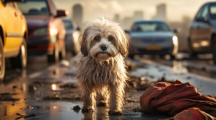 Lost dirty sad dog on the road - obrazy, fototapety, plakaty