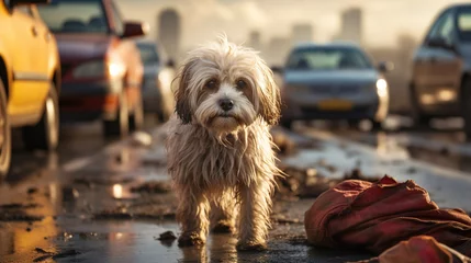 Rolgordijnen Lost dirty sad dog on the road © Daria17