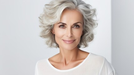 Beautiful mature well-groomed Spanish woman on a light background with copyspace
