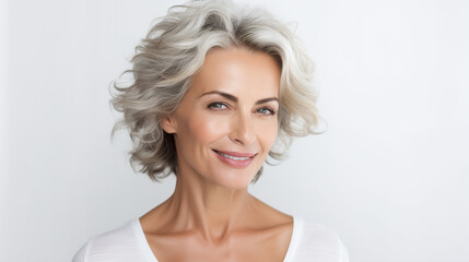 Beautiful mature well-groomed Spanish woman on a light background with copyspace