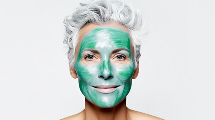 Mature positive woman with gray hair with a green cosmetic mask on her face on a light background