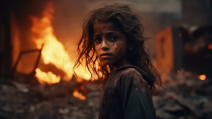 Young middle eastern girl in the middle of a war zone with her city on fire and buildings burning with debris, terrified and in silent shock at the devastation and suffering military conflict brings. - obrazy, fototapety, plakaty