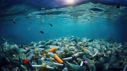 Fototapeta na wymiar A lot of plastic debris in the ocean water