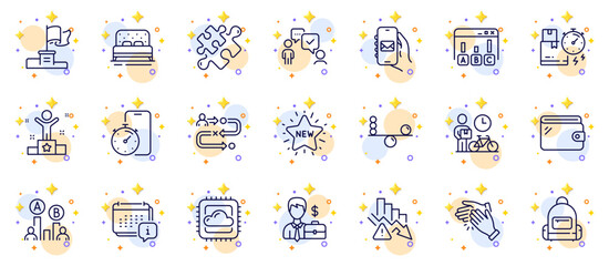 Fototapeta na wymiar Outline set of Survey results, Mail app and Winner flag line icons for web app. Include Cloud computing, Wallet, Puzzle pictogram icons. Winner, Backpack, Delivery time signs. Vector
