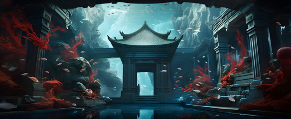 Fantastic underwater Chinese castle with red carp.