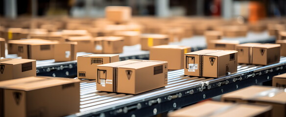stack of boxes. Parcels at the sorting center. Large production. Transportation