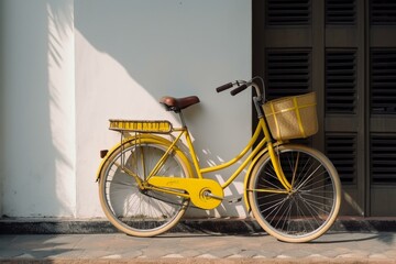 yellow bicycle parked front white wall. Generative AI