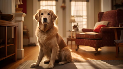 Golden retriever sits in the hall. Modern interior, fireplace. Cozy apartment. House.