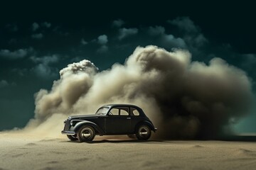 silhouette of vehicle on sand with cloud of fumes. Generative AI
