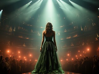 Fictional woman on stage in green and orange spotlight with her back in frame AI