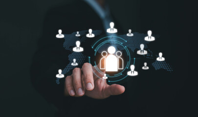 Customer relationship management CRM concept. Customer service community online marketing. Businessman hold of global structure customer network. Human Resources HR management recruitment employment.