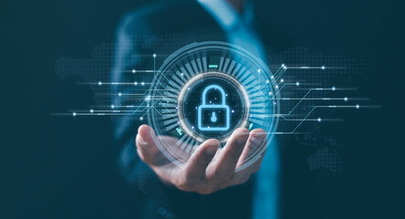Cyber Secure icon, computer online data protection user password login professional network, Cybersecurity and privacy concepts, Businessman protecting personal data, secured internet access