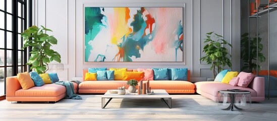 illustration of a contemporary and well lit living room with sofas