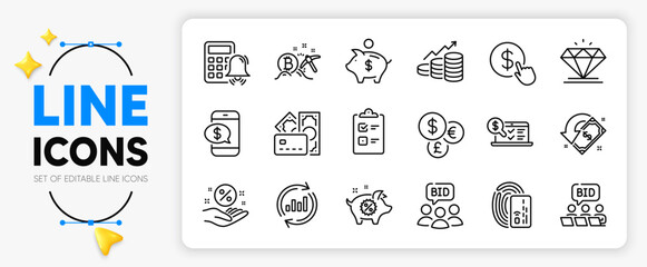 Online auction, Online accounting and Update data line icons set for app include Growth chart, Checklist, Money outline thin icon. Piggy bank, Piggy sale, Bitcoin mining pictogram icon. Vector
