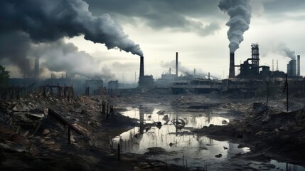 Smoking chimneys of factories in a polluted city, dirt and soot