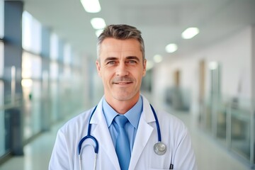 portrait of male doctor in hospital corridor
